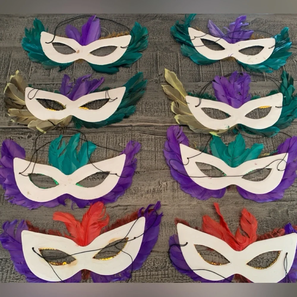 Mardi Gras Masks, 8 Feathered Sequin Elastic Band, Colorful Cute Bright Colors